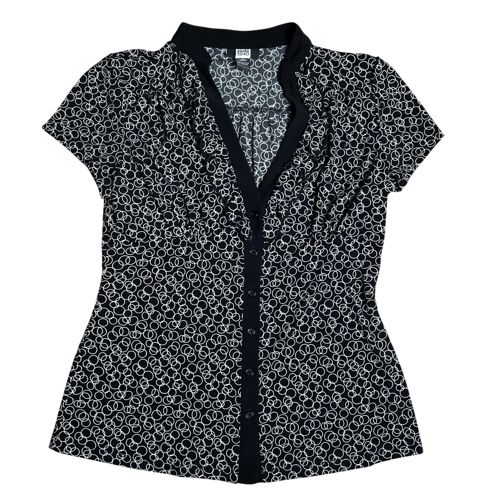 Studio 1940 Button-Up Womens M Black Geometric V-Neck Short Sleeve Slim Stretch